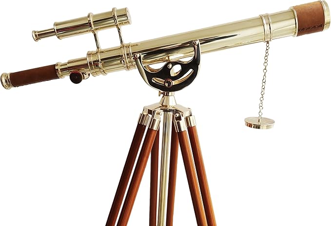 Vintage Maritime Anchor Master Telescope Shiny Brass Adjustable Wooden Tripod Royal Educational Telescopes Double Barrel Brown Leather Nautical Home Decor & Office