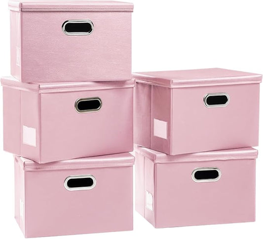 PRANDOM Foldable Storage Bins with Lids [5-Pack] Leather Fabric Collapsible Storage Boxes Organizer Containers Baskets Cube with Cover for Bedroom Closet Office Nursery Pink (14.9x10.8x10)