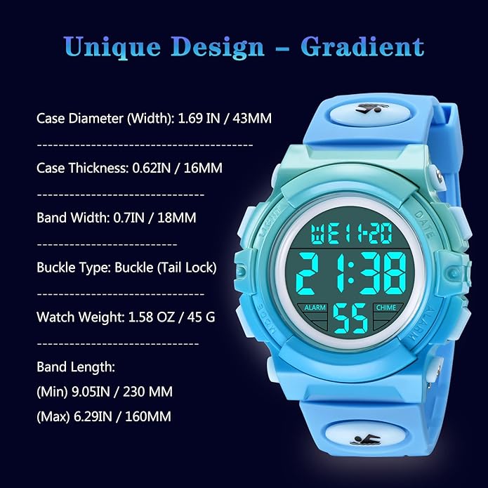 Kids Watch,Boys Watch for 3-15 Year Old Boys,Digital Sport Outdoor Multifunctional Chronograph LED 50 M Waterproof Alarm Calendar Analog Watch for Children with Silicone Band,Kids Gift
