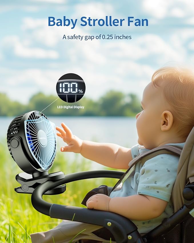 SWEETFULL Portable Clip on Fan - Battery Operated Stroller Fan, 4000mAh Small Rechargeable Fans with LED Display, 4 Speeds, Mini Personal Cooling Desk Cooler for Golf Cart Travel Camping Gym (Black)