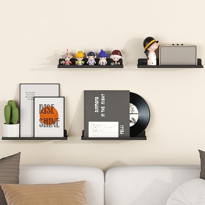 Lifewit Floating Shelves for Wall, 8 Pack Black Acrylic Shelf 15" Room Decor for Bookcase/Vinyl Record Display/Photo/Picture in Bedroom, Living Room, Bathroom, Kitchen Storage and Organization