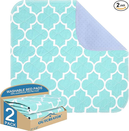 OUTCREATOR® Washable Bed Pads 21" x 22" (Pack of 2), Incontinence Mattress Protector, Anti-Slip Waterproof Underpads for Adults Kids Elderly Pets, Absorbency & Reusable Bedwetting Pads (Green)