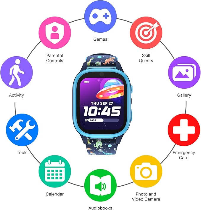 PlayZoom 4 Kids Smartwatch, Educational Tech Toy – 25+ Games, Selfie Camera, Audiobooks, Step Tracker, Water‑Resistant, Parental Controls, Long Battery, Ages 4‑12, Navy Dinosaurs