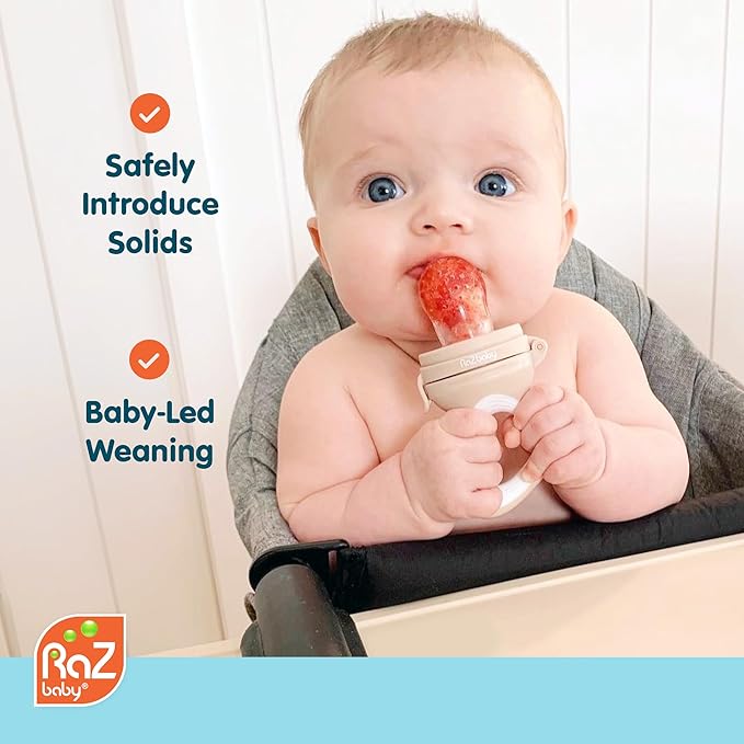 RaZbaby Baby Solids/Frozen Fruit Feeder Pacifier, Infant Teether Toy 6M+, BPA-Free Silicone Pouch & Nipple, Safely Introduce Solids, Natural Teething Relief, Dishwasher Safe, Freezable – Orange/Blue