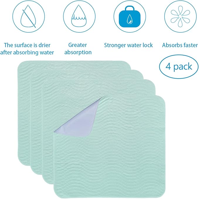 Absorbent Bed Pads for Incontinence - Washable, Reusable, 4-Layer Waterproof Mattress Protectors (36x38 Inch - 4 Pack)