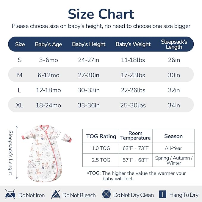 Baby Sleep Sack 3-6 Months, Cotton Detachable Long Sleeve Sleep Sack, 2.5 Tog Toddler Sleeping Sack with Temperature Strips, 2-Way Zipper Wearable Blankets for Newborns, Bunny