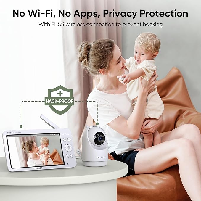 bonoch MegaView Baby Monitor with 2 Cameras, 7" 720P HD Split Screen Baby Monitor No WiFi, Video Monitor with Camera and Audio, 6000mAh, VOX Mode, 2 Way Audio, Remote PTZ, Night Vision