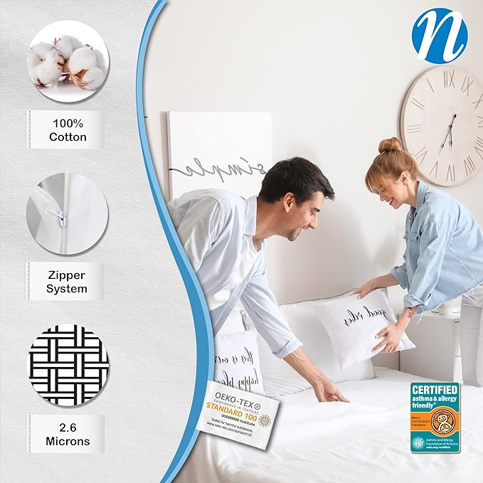 National Allergy Superior 100% Cotton Queen Mattress Protector Zippered - 60" x 80" x 12" - Hypoallergenic Bed Encasement - Breathable Dust Proof Cover - AAFA & Oeko-TEX Standard 100 Certified