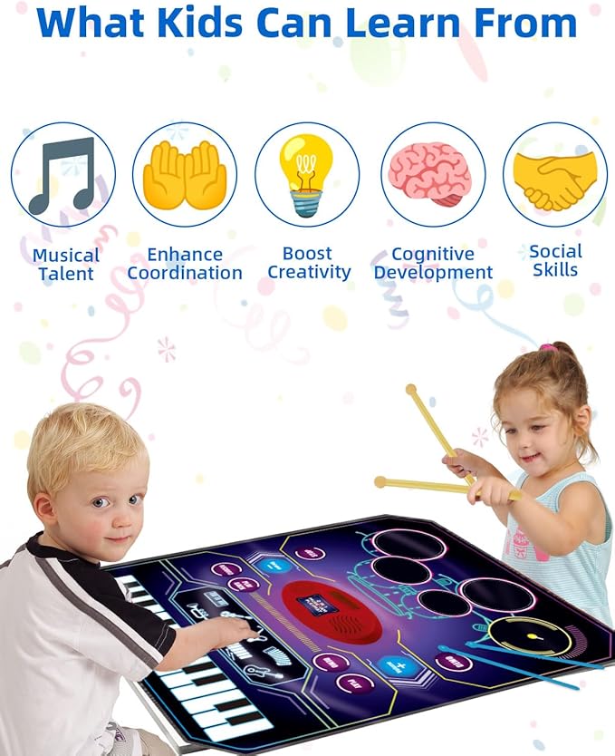 SUNLIN 2-in-1 Music Jam Mat, Music Learning Toy for Boys Girls 3-6, Drum Set + Piano Mat, Toddler Birthday Gift 3 4 5 6 Years, Record & Playback, Built-in Songs, 8 Instrument Sounds, Volume Control