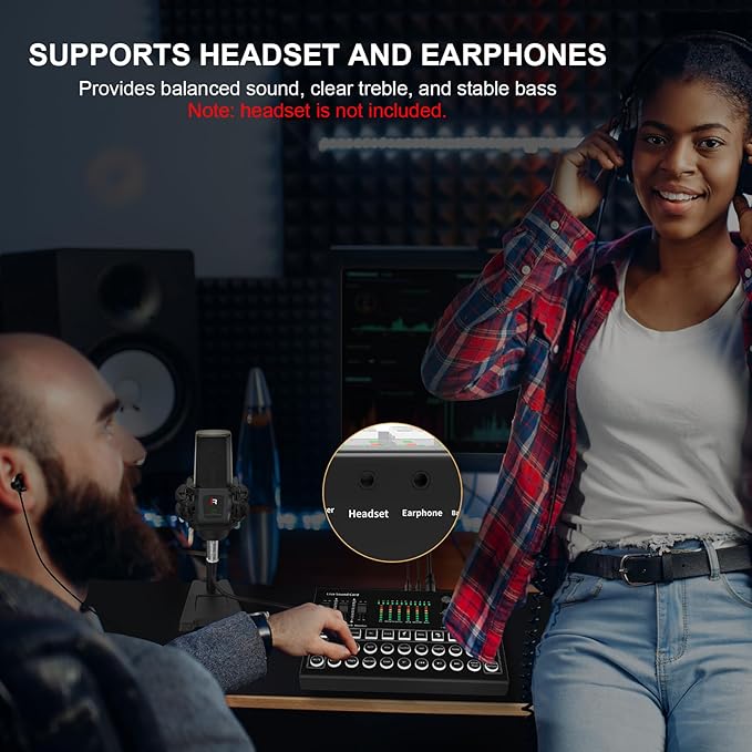 RHM Podcast Equipment Bundle, All-in-One Audio Interface DJ Mixer with Microphone, Stand, Monitor Earphone, Audio Mixer With Sound card for PC/Laptop/Phone, Streaming/Podcasting/Gaming (M9 Set)