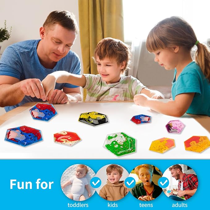 Art3d Hexagon Sensory Fidget Liquid Motion Tiles for Kids, Toddler, Teens - Interactive Soft Gel Liquid Play Mats for Home, Schools, Playrooms, Multi-Pack of 3 Tiles