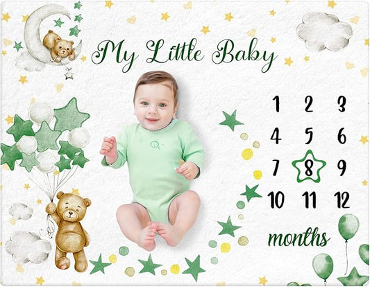 Sleeping Bear Monthly Baby Milestone Blanket Bear Star Balloon Flannel Blanket Boy Newborn Infant Swaddle Growth Chart Baby with Frame for Boys Girls Nursery (Green)