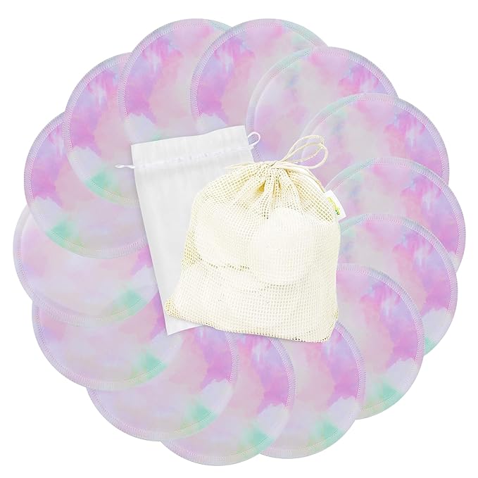 wegreeco Nursing Breast Pads (14 Pack) + Laundry Bag & Travel Storage Bag, 4.7 inch - Washable & Reusable Breastfeeding Nursing Pads (Plain Shape, Dreamy, Large)