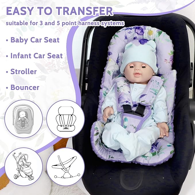 Infant Car Seat Insert and Strap Covers, Very Soft Car Seat Head Support Baby Girl Boy, Reversible Newborn Carseat Insert Cushion Fits for Stroller, Baby Swing, Bouncer (Purple Floral)