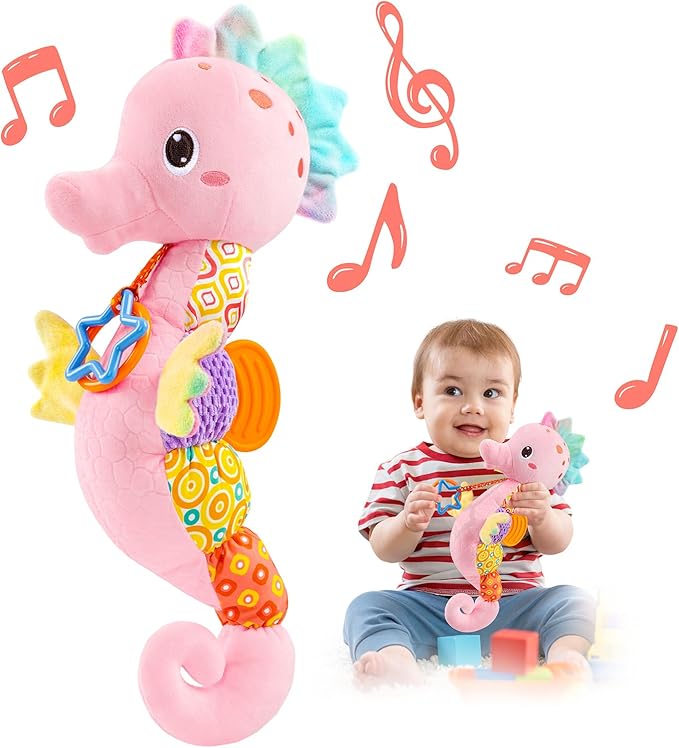 LIGHTDESIRE Baby Toys Musical Seahorse,Infant Stuffed Animal Toys with Crinkle and Rattles,Soft Sensory Toys with Textures for Tummy Time Newborn Boys Girls 0 3 6 12 Months(Pink)