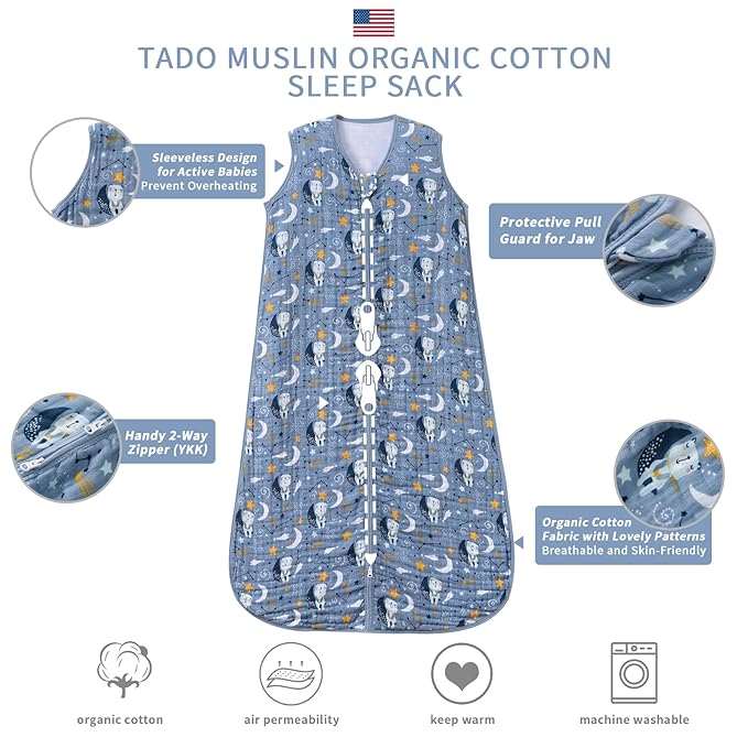 Baby Sleep Sack 6-12 Months Wearable Blanket for Babies 100% Organic Cotton 2-Way Zipper YKK 0.5 TOG Toddler Sleeping Sacks Bears