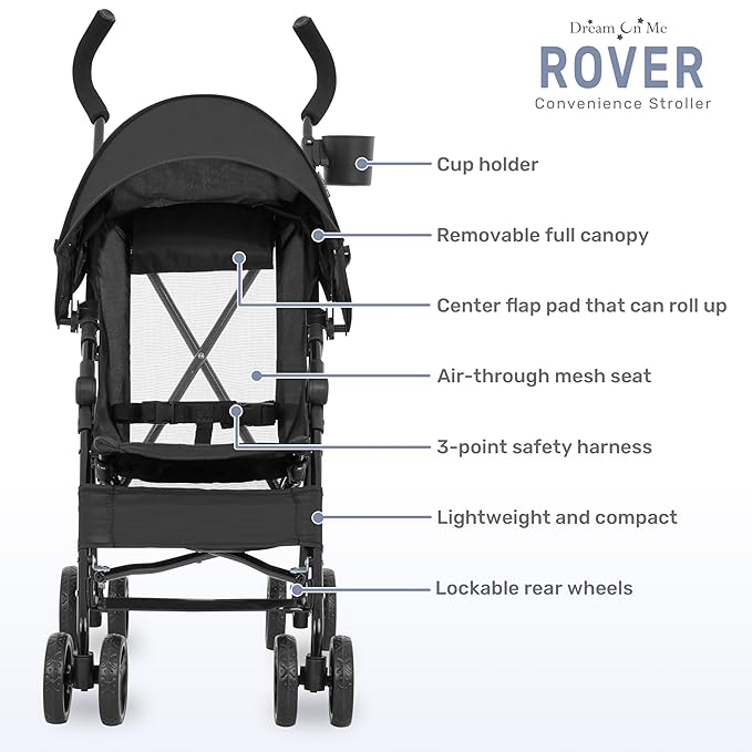 Dream On Me Rover Convenience Baby Stroller in Black, Lightweight & Compact Umbrella Stroller, Easy one-Hand fold Travel Stroller, Lockable Rear Wheels, Removable & Adjustable Canopy