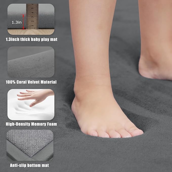 Baby Play Mat for Floor, 1.3"Thick Extra Large Cushioning Memory Foam Playpen Mat, Soft Coral Velvet Baby Crawling Mat with Non-Slip Backing, Baby Nursery Rug for Toddlers, Kids (Dark Grey, 79X59)