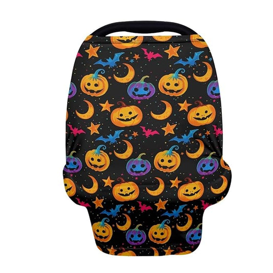 Binienty Galaxy Pumpkin Bats Moon Car Seat Covers for Babies, Halloween Decoration,Halloween Pumpkin Nursing Cover Breastfeeding Scarf, Stretch Baby Carseat Canopy