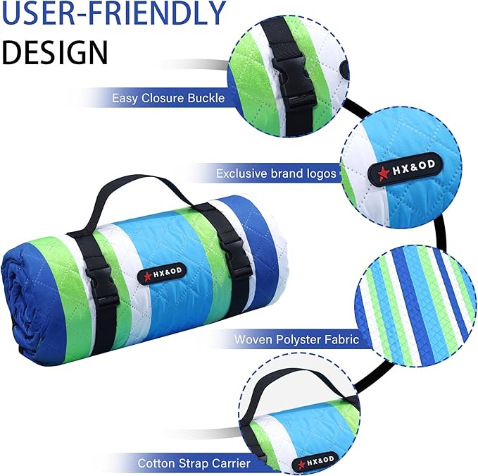 HX&OD Outdoor Picnic Blanket Extra Large, 80''*80'' Waterproof Picnic Mat with Stakes Foldable Camping Blanket Portable with Carry Strap for Beach Mat (Blue, 80''*80'')