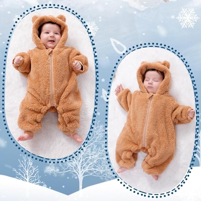 Newborn Baby Bear Outfit Suit Girls Boys Fleece Jumpsuit Romper Hooded Winter Snowsuit Clothes