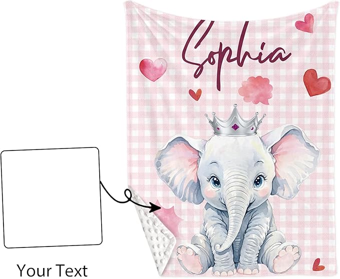Personalized Nursery Crib Bedding Set: Custom Name Pink Checkered 5 Piece Baby Crib Sets with Cute Elephant Pattern - Toddler Double Layer Blanket Set, Comfortable Crib Bed Sheets for Baby Grils