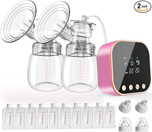 Double Electric Breast Pump Strong Suction, Portable Breast Pump Electric Breastfeeding Pump, Rechargeable Milk Pump with 4 Modes & 9 Levels, Low Noise, Anti-Backflow & LED Display, 24mm Flange, Pink