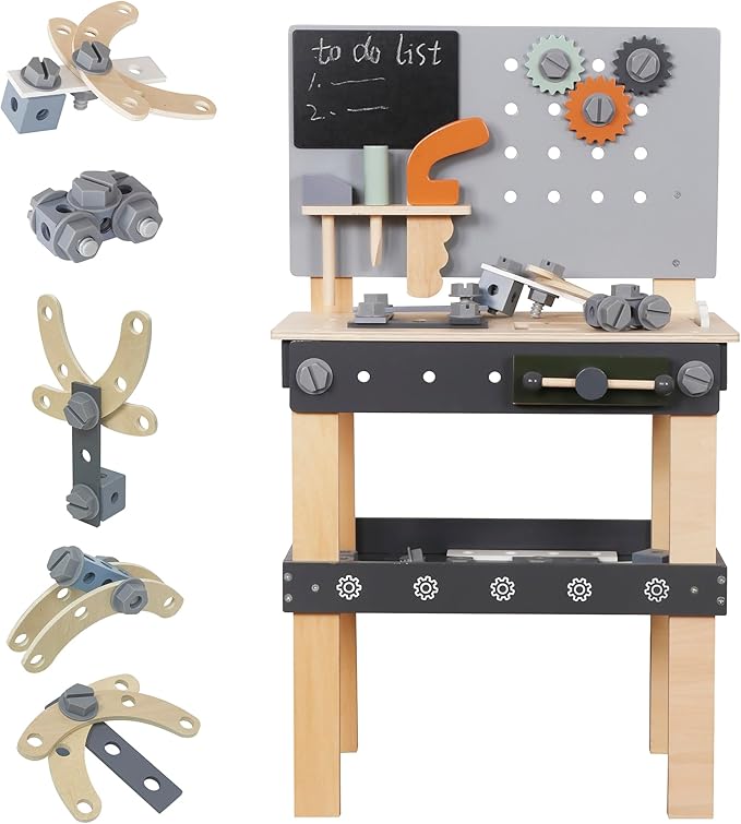 Wooden Toy Workbench for Kids, Construction Workshop Tool Bench Toys,51 Pieces Toy Tools Set w/Storage Space, Educational Gift for Girls & Boys Children 3+Years