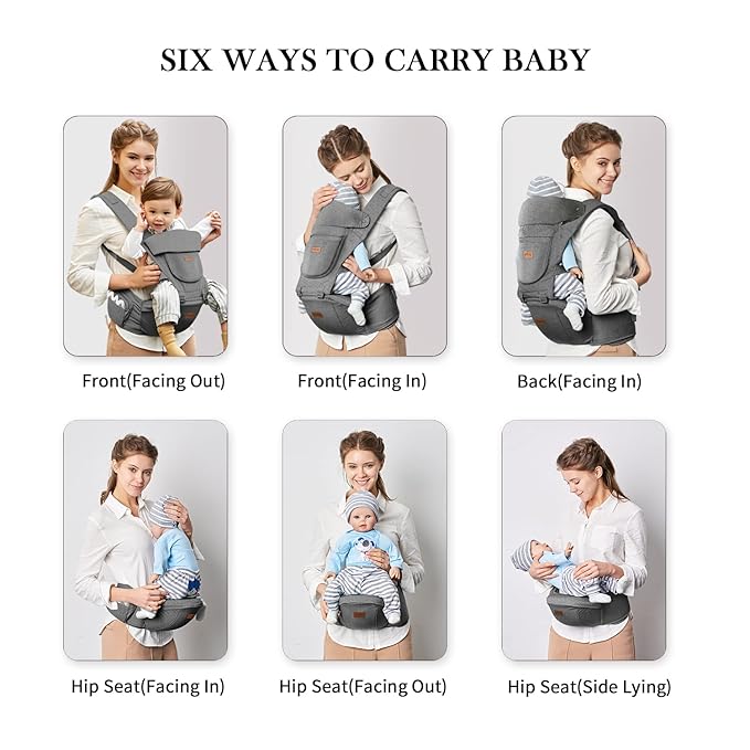 Baby Carrier with Hip Seat, Baby Carrier Newborn to Toddler, 6-in-1 Ways to Carry, All Seasons, Adjustable Baby Holder Carrier for Breastfeeding(Grey)