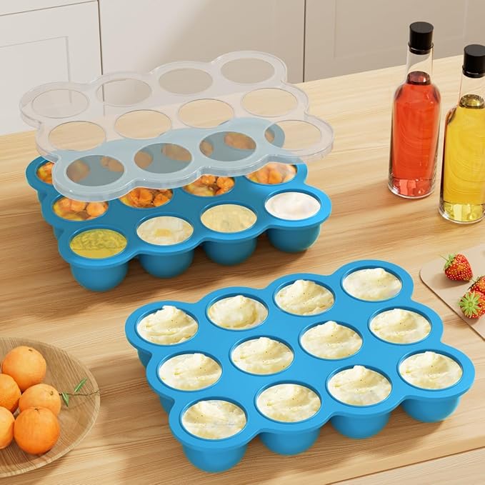 Samuelworld Baby Food Storage Container, 12 Portions x 2.5oz - BPA Free Silicone Freezer Tray with Clip-On Lid for Breast Milk Storage, Homemade Baby Food, Vegetable & Fruit Purees - Blue