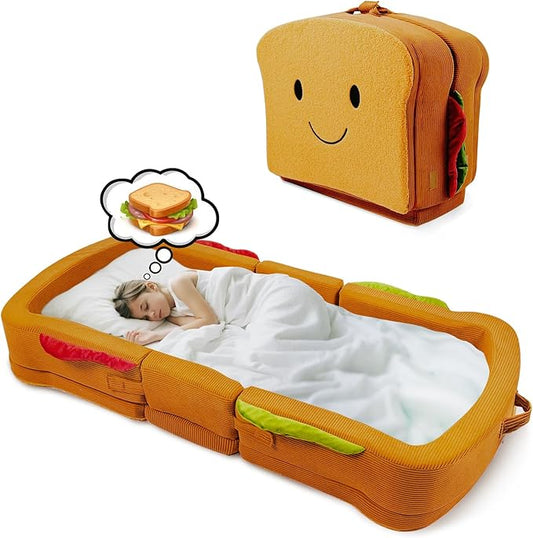 Toddler Travel Bed Sandwich Style - Portable Toddlers Floor Beds, Foldable Soft Foam Travel Crib for Baby and Kid, Washable Cover Toddler Cot with Safety Rail for Travel, Home Sleep & Play