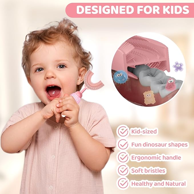 U-Shaped Toothbrush for Kids Ages 2-7，Soft Food-Grade Silicone for Sensitive Gums，360° Teeth Cleaning Design，Training & Travel-Friendly Toddler's Toothbrush (Pink)