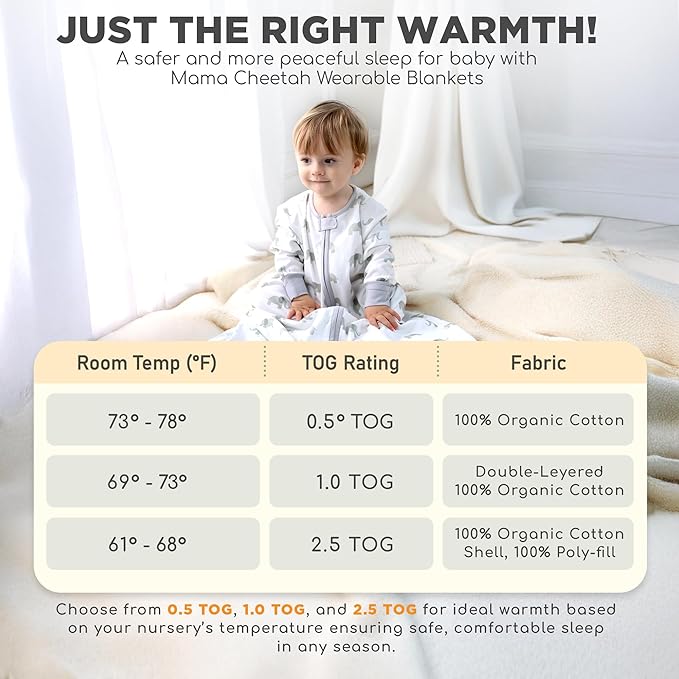 Mama Cheetah Baby Sleep Sack with Sleeves, 0.5 TOG Organic Cotton Wearable Blanket and Two-Way Zipper, Swaddle Transition Long Sleeve Sleeping Bag for Newborn Infant Toddler, 24-48 Months