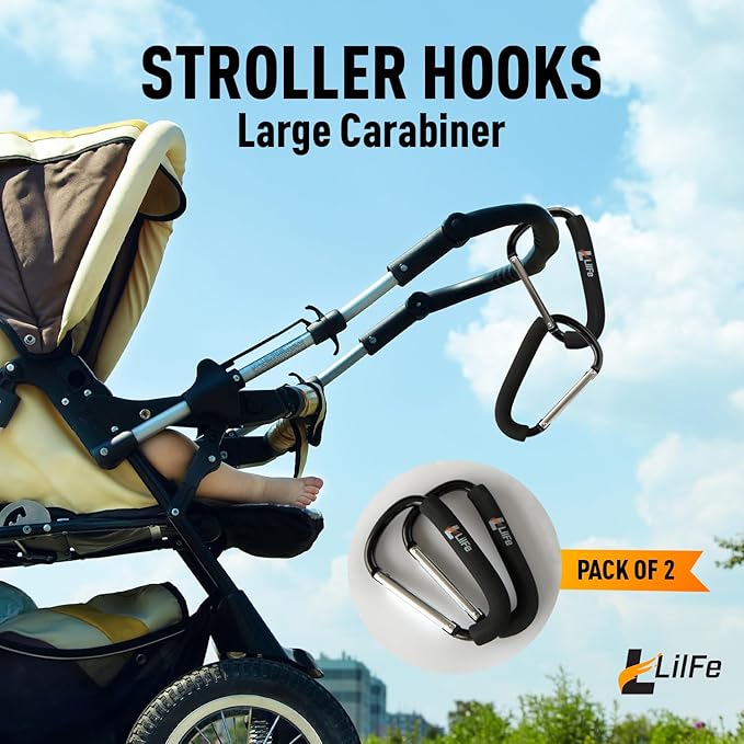 LilFe Stroller Hooks, 6.7" Large Stroller Clip, 2 Pack Large Carabiner Stroller Hooks for Hanging Bags and Shopping, Stroller Accessories for Mommy