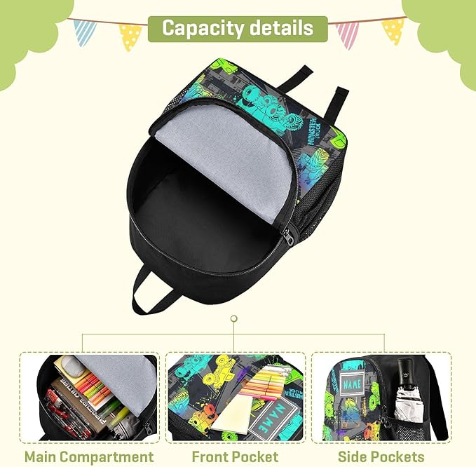 Toddler Backpack Colorful Monster Truck Waterproof Mini Backpack with Name/Text Preschool Backpack Cute Small Backpack Kindergarten Pre School Bags 11 Inch, Pattern 1
