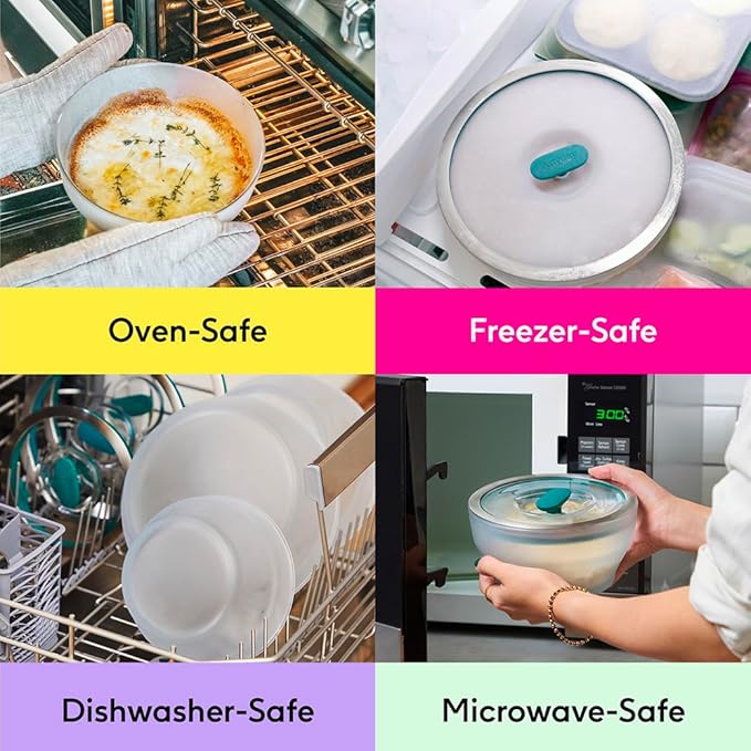 Anyday 4-Cup Microwave Cookware & Glass Container with Glass Lid, Plastic-Free Shallow Food Storage | Stackable Airtight Steamer with Vented Lid for Microwave-Safe Reheating, Steaming Vegetables