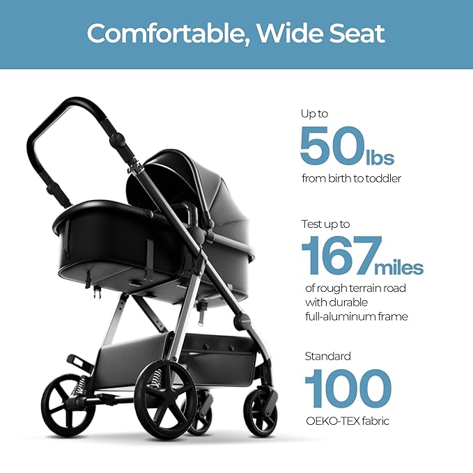 Mompush Baby Stroller, Convertible 2-in-1 with Bassinet Option, Infant Car Seat Compatible, Includes Adapter - Sturdy Full-Size Infant Stroller for Family Adventures