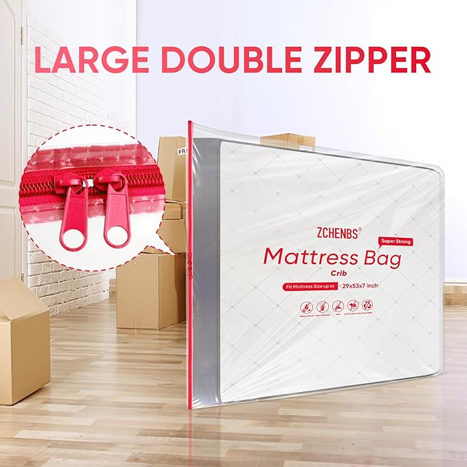 ZCHENBS® – Mattress Bags for Moving and Storage,Mattress Bag with Zippers,5 Mil Ultra-Thick Bed Bag,Waterproof,Anti-Tear,Heavy-Duty Mattress bag (Transaparent/Red, Crib-(1 Pack))