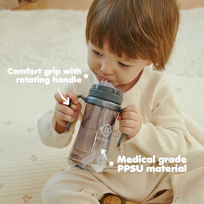 GROSMIMI Spill Proof no Spill Magic Sippy Cup with Straw with Handle for Baby and Toddlers, Customizable, PPSU, BPA Free 10 oz (Beige)