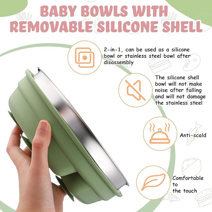 Nuogo 3 Pcs Stainless Steel Baby Suction Plates with Removable Silicone Shell 2-in-1 Metal Toddler Bowl Divided for Picky Eaters Kids Feeding Led Weaning Supplies, Dishwasher Safe (Blue,Pink,Green)