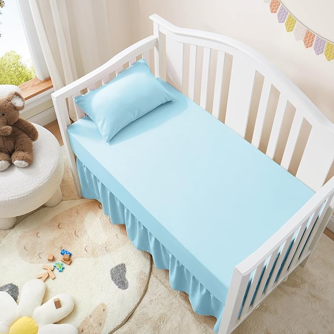 Horbaunal 2 Pack Crib Skirt & Crib Bed Sheet Set, Aqua Blue Crib Bed Skirt 28" x 52" with 14" Drop Dust Ruffle, Soft Microfiber Toddler Bedskirt Nursery Bedding Skirt for Baby Girls and Boys
