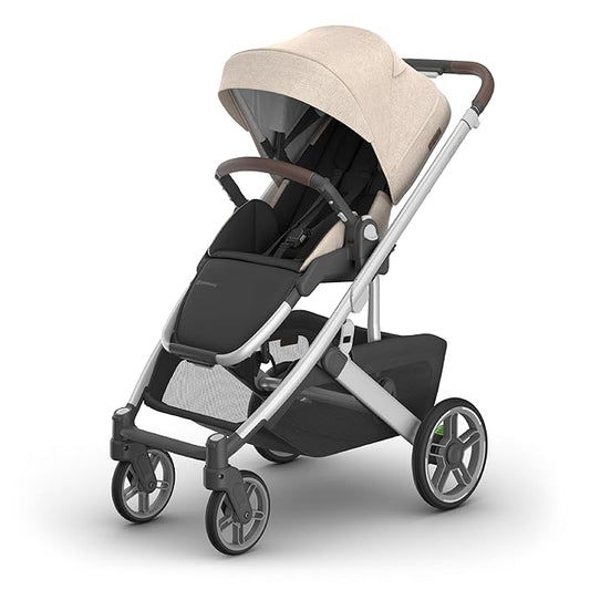 UPPAbaby Cruz V3 Stroller - from Birth + Car Seat Compatible - Full-Size, Reversible Seat - Infant Insert, Bug and Rain Shields Included - Declan (Oat Mélange/Silver Frame/Chestnut Leather)