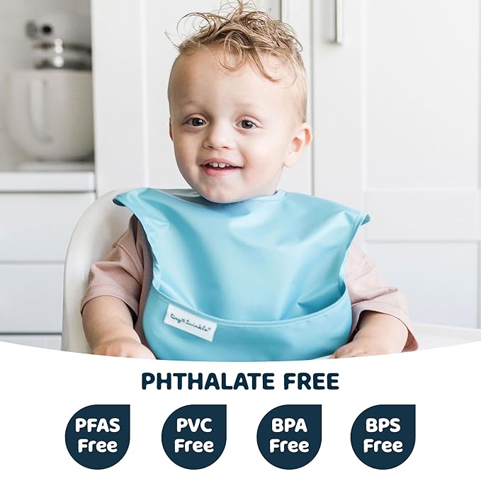 Tiny Twinkle Mess Proof Baby Bibs for Eating - Waterproof, Wipeable Bibs - Toddler Bibs - Travel Friendly - PFAS, PVC, BPA, Phthalate Free - Baby Food Bibs (3 Pack,Slate, Olive)
