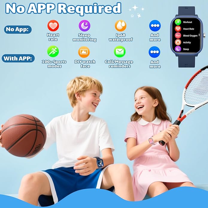 Smart Watch for Kids Girls Boys No APP/Phone Needed, 1.8" IP68 Waterproof Sport Kids Watch Pedometer, Heart Rate, Sleep Monitor, Step Counter, 12 Puzzle Games for Girls Boys Teens 6-16