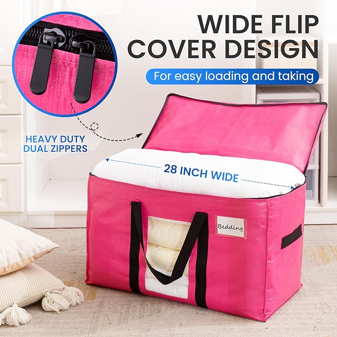 TAILI 2 Pack Pink Extra Large Moving Bags, Heavy Duty Totes with Visible Window, Wrap Around Handles, Space-Saving Storage, Alternative to Moving Boxes