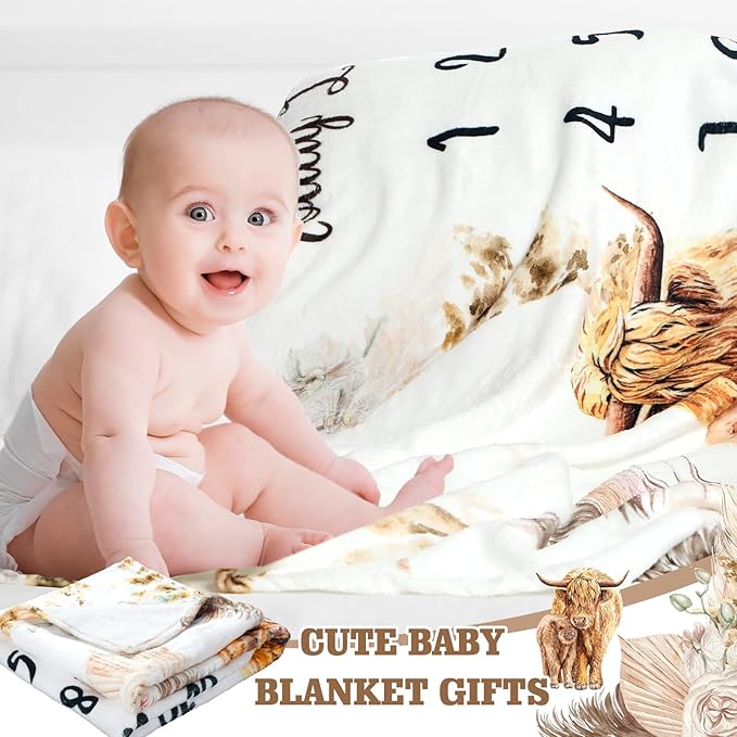 Boho Floral Baby Monthly Milestone Blanket Neutral Bohemian Photo Prop Blanket Personalized Highland Cow Baby Present Pampas Grass Ideas for Newborn Nursery Decor (Brown, Highland Cow)