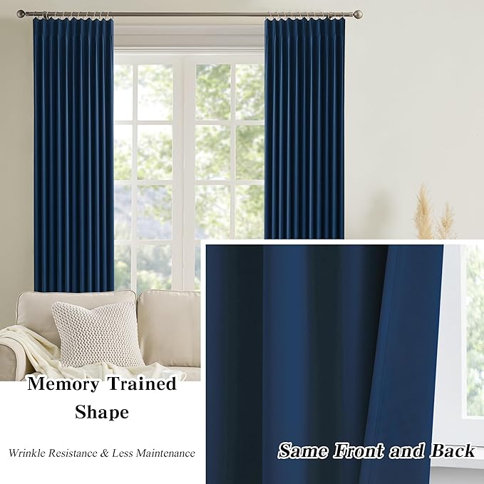 KEQIAOSUOCAI 2 PCs Navy Blue Pleat Wide Drapes for Sliding Glass Door 60 Wide x 105 Inch Long, Privacy Light Block Noise Reduce Insulated Ceiling to Floor for Locker Room Basement Bedroom Closet