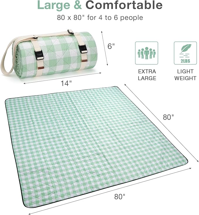 Picnic Blanket, 80''x80'' Waterproof Outdoor Blankets, Picnic Mat Washable for Beach, Picnic Blankets for Camping on Grass with Shoulder Strap - Green & White