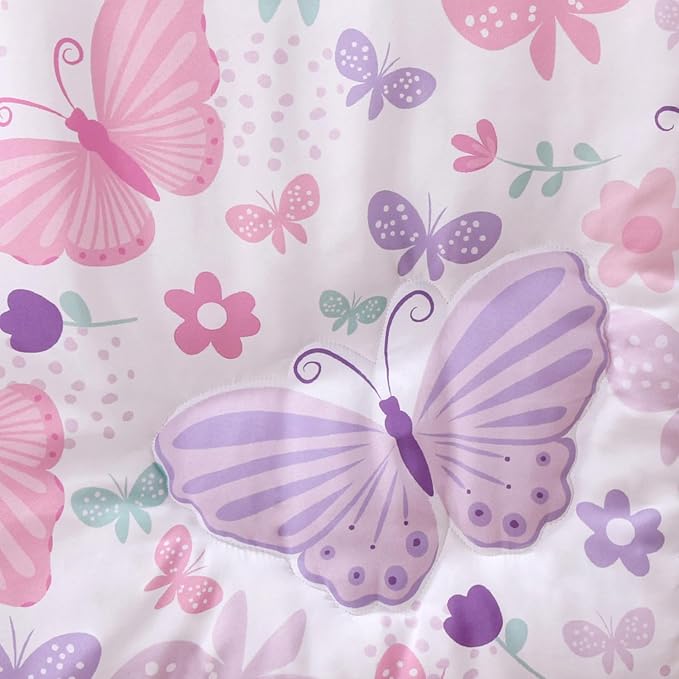 The Peanutshell 3 Piece Baby Crib Bedding Set for Girls - Newborn, Infant & Toddler Nursery Bed Set Decor with Fitted Crib Sheet, Dust Ruffle Comforter - Butterfly Song
