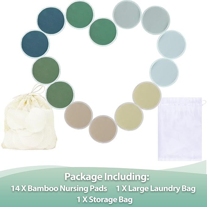 wegreeco Nursing Breast Pads (14 Pack) + Laundry Bag & Travel Storage Bag, 4.7 inch Option - Washable & Reusable Breastfeeding Nursing Pads (Bean Paste Green, Plain Shape)
